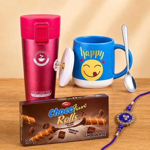 Chocofun Rolls Chocolate, Vacuum Mug & Rakhi Gift Set DKG-1747