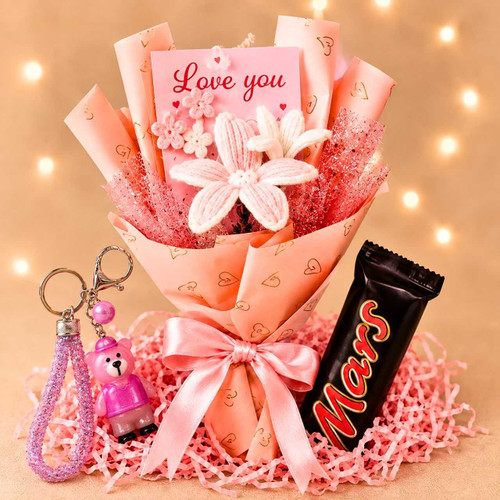 Pink & White Fuzzy Lily Bouquet With Chocolate & Keyring Gift Set DKG-1749