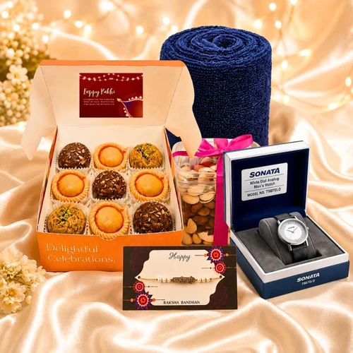 Towel, Sweets, Watch & Rakhi Gift Set DKG-1783