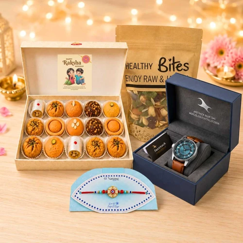 Watch, Rakhi, Mixed Dry Nuts & Sweets Hamper DKG-1787