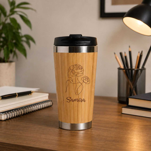 Personalized Floral Bamboo Stainless Steel Travel Mug – 450ml SK-3592