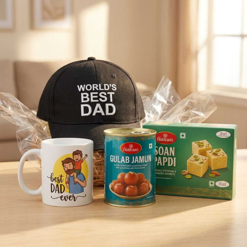 World's Best Dad Cap, Mug & Sweets Gift Hamper DKG-1825