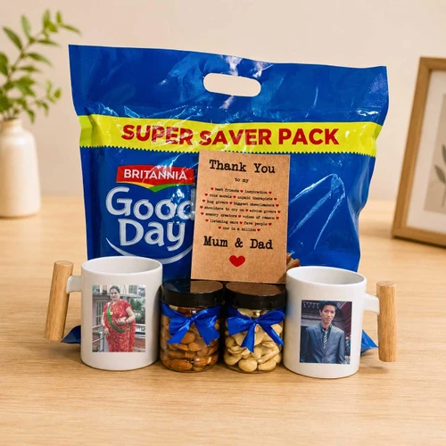 Mom & Dad Gift Combo with Biscuits, Dry Nuts & Personalized Mug JNK-7932