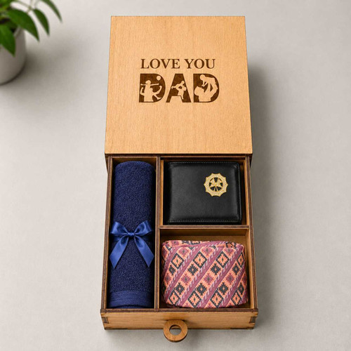 Dhaka Topi, Towel, Brooch, Gift Hamper With Wooden 3 Partitions Box DKG-1831