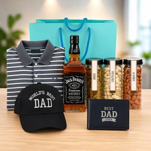 Dad’s Ultimate Gift Combo with Whiskey, Dry Nuts, T-Shirt, Cap & Wallet JNK-7937