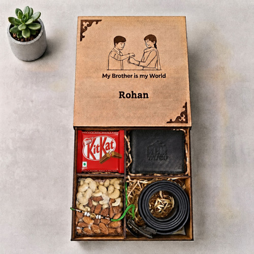 Rakhi with Wallet, Belt, Chocolate & Dry Nuts Gift Box