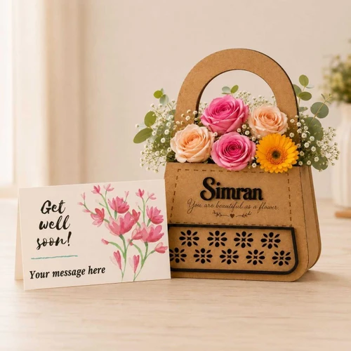 Personalized Wooden Flower Bag With Roses, Yellow Gerbera & Get Well Soon Card Gift Set DKG-1842