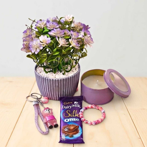 Artificial Flower, Pink Bracelet & Sweet Gift Hamper SK-3625
