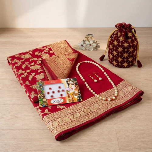 Red Sari, Potli Bag, Bindi , Neckless & Earing Gift Set DKG-1895