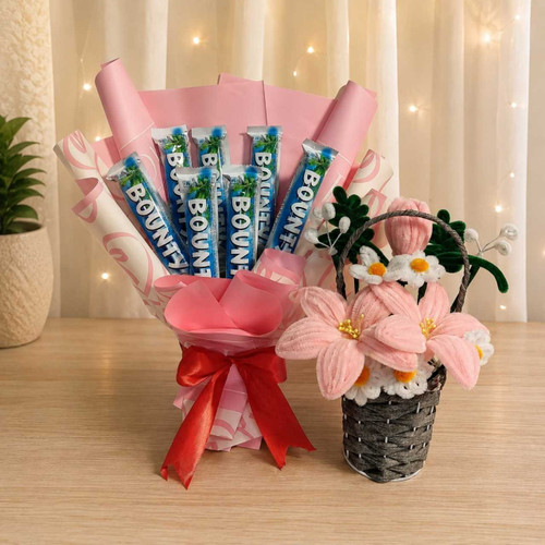 Bounty Chocolate Bouquet with Fuzzy Flowers Gift Basket JNK-7978