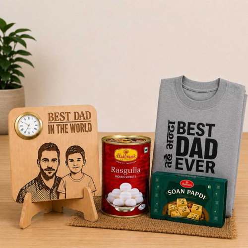 Personalized Wooden Frame, T-shirt & Sweets Hamper DKG-1901