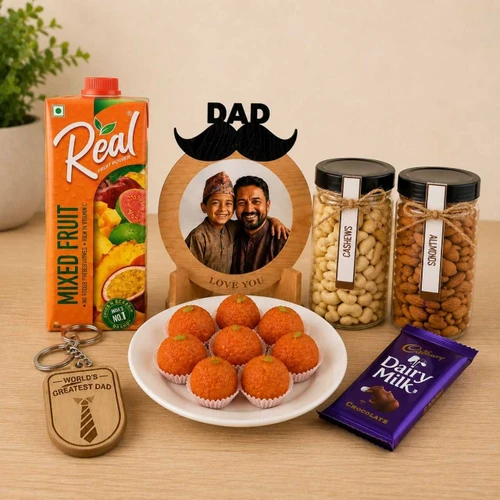 Personalized Dad Photo Frame, Motichoor Laddu & Nuts Gift Set SK-3667