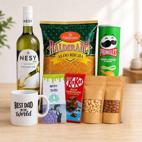 White Sweet Wine, Best Dad Mug & Dry Fruits Gift Hamper SK-3701