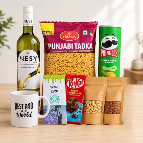White Sweet Wine, Best Dad Mug & Dry Fruits Gift Hamper