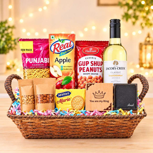 White Wine 187ml, Snacks, Real Juice & Personalized Wallet Gift for Him JNK-8031
