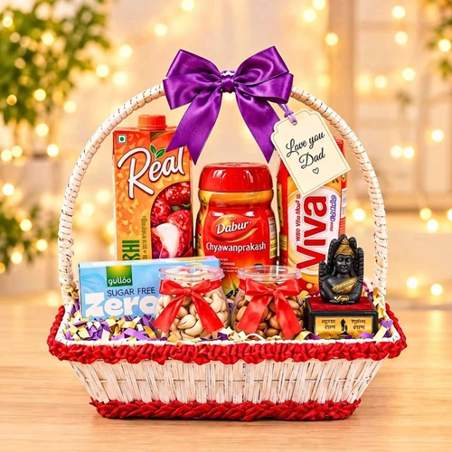 Gift Basket for Dad with Juice, Chyawanprash, Nuts & Biscuits