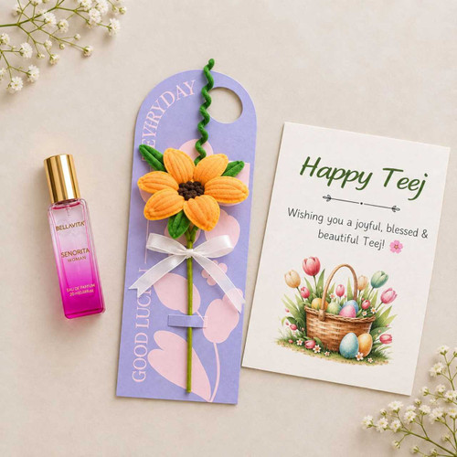 Teej Celebration Gift Set With Perfume, Greeting Card & Fuzzy Flower SK-3738