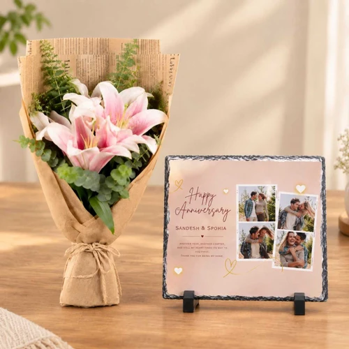 Romantic Anniversary Gift with Pink Lilies & Personalized Photo Frame SK-3760