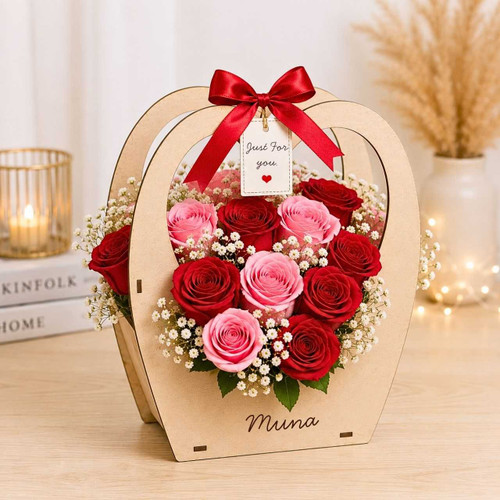 Red & Pink Rose Wooden Basket with Engraved Name JNK-8066
