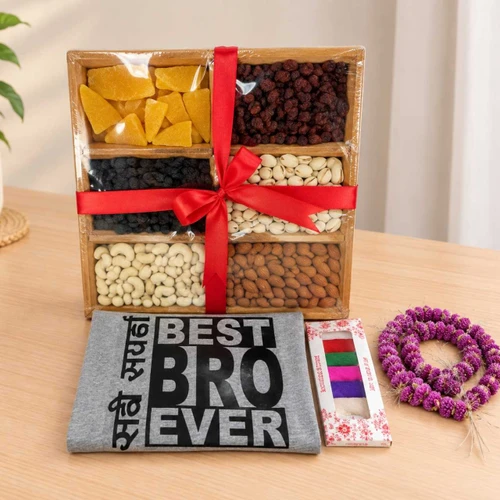 Tihar Gift for Brother with T-Shirt, Dry Fruits, Mala & Tika JNK-8086