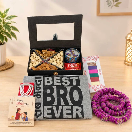 Bhai Tika Gift with Dry Nuts, T-Shirt & Candle JNK-8090