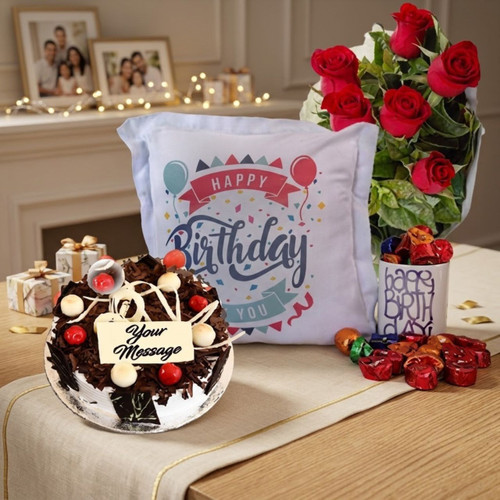 Birthday Cushion With Radisson Cake, Chocolates, Flowers & Birthday Mug CC-14