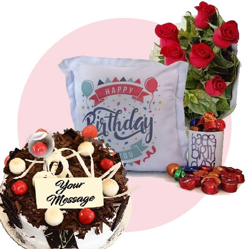Birthday Cushion With Radisson Cake, Chocolates, Flowers & Birthday Mug