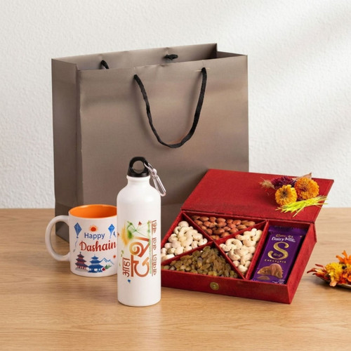 Personalized Bottle, Mug, Dry Nuts & Chocolate Gift Hamper DKG-1971