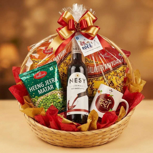 Nesy Red Wine, Namkeen & Mug Gift Hamper DKG-1974