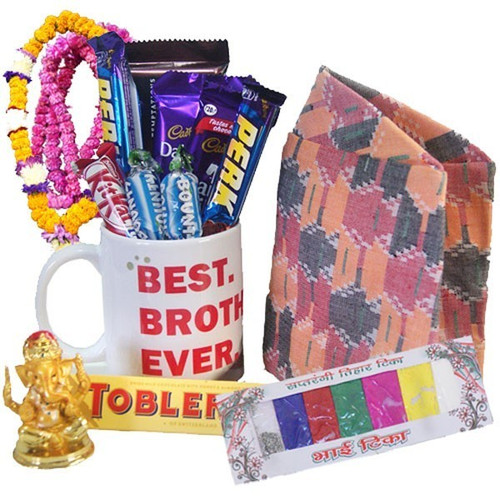 Best Brother Coffee Mug with Chocolates, Dhaka Topi and Ganesh Ji Statue (12 items) Bhaitika