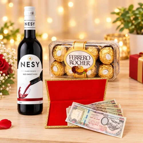 Red Wine 750ml with Chocolates & Cash Envelope Box JNK-8176