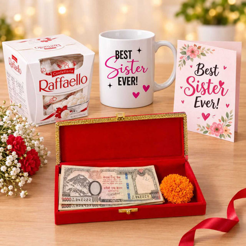 Bhai Tika Cash Sagun Gift for Sister with Chocolates, Mug & Card JNK-8189
