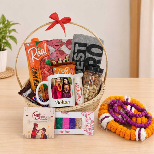 Bhai Tika Gift Basket with T-Shirt, Mug & Treats JNK-8222