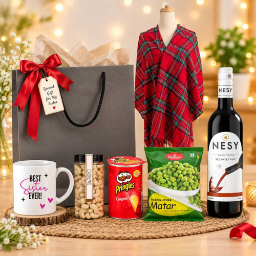 Elegant Shawl & Wine Gift for Sister SK-3859