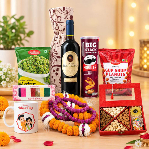 Brother’s Tihar Gift Set with Red Wine, Snacks & Mug JNK-8260