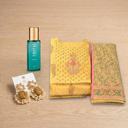 Readymade Kurta Set (44Size) with Earrings & Perfume Gift for Her