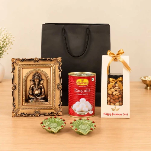 Dashsin Gift Combo with Ganesh Statue Frame, Diyos, Sweets & Dry Nuts JNK-8271