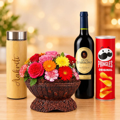 Personalised Gift Hamper With  Bamboo Bottle, Wine & Flower Pot