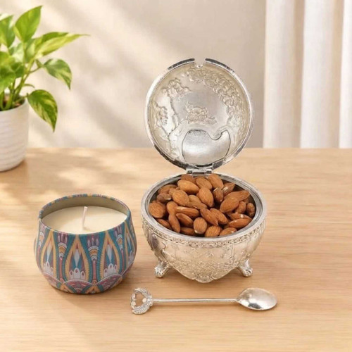 200g Almonds in German Silver Mayur Design Bowl with Candle SK-3893