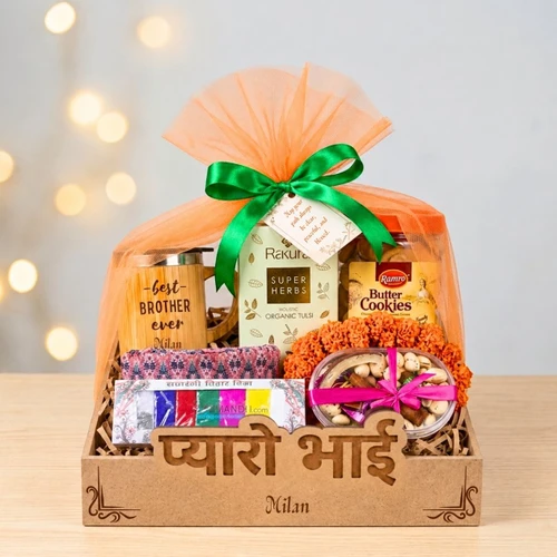 Tihar Gift Box with Personalized Mug, Tea, Cookies & Dry Nuts