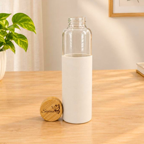 Glass Bottle with Silicone Sleeve, Butterfly Design & Name Engraved Wooden Lid-550ml