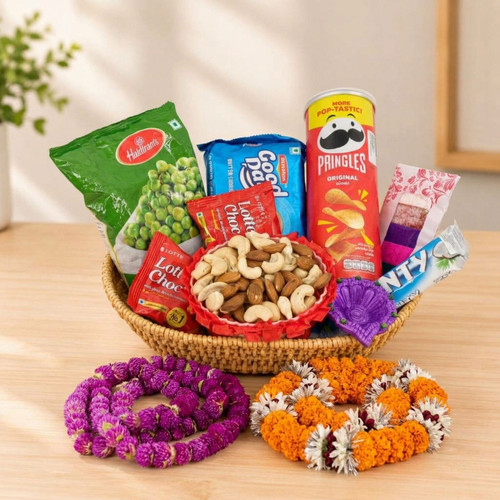 Tihar Gift Basket with Snacks, Mala & Tika for Brother