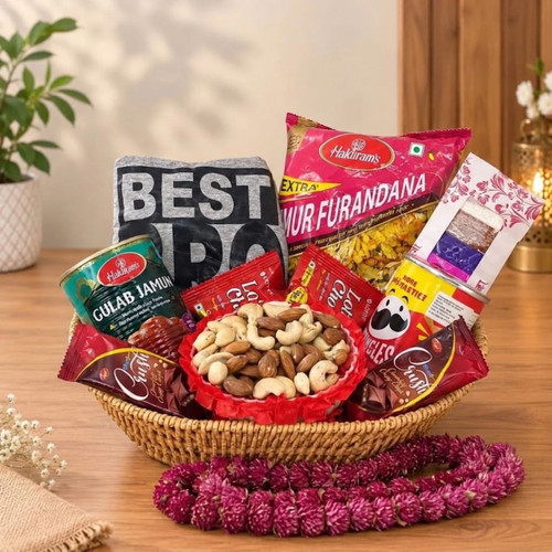 Traditional Bhai Tika Gift Basket With Snacks, Mala & T-shirt