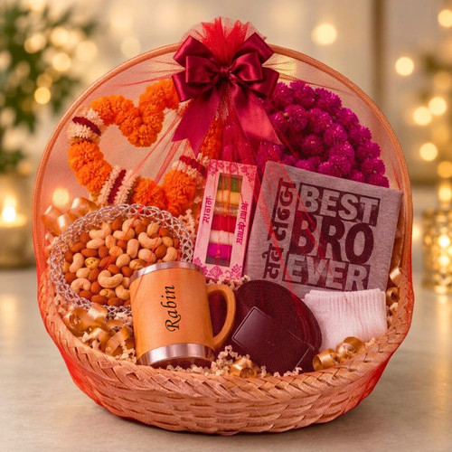 Tihar Festive Gift Basket with Accessories, Personalized Mug & T-Shirt for Brother
