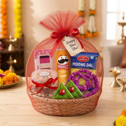 Bhai Tika Gift Basket With Mala, Tika & Paan