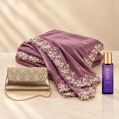 Traditional Gift Hamper for Her With Saree, Perfume & Clutch