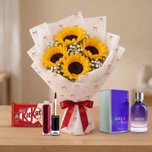 Sweet Surprise Gift Hamper for Her With Sunflower Bouquet