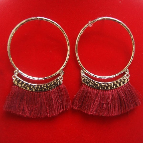 Silver Hoop Tassel Earrings with Maroon Thread