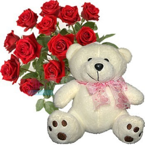 12 Kisses of Roses with Cream White Teddy Bear