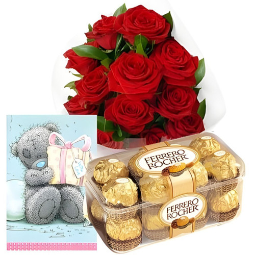 Dozen Lovely Red Roses, Ferrero Rocher Chocolate Box and Greeting Card